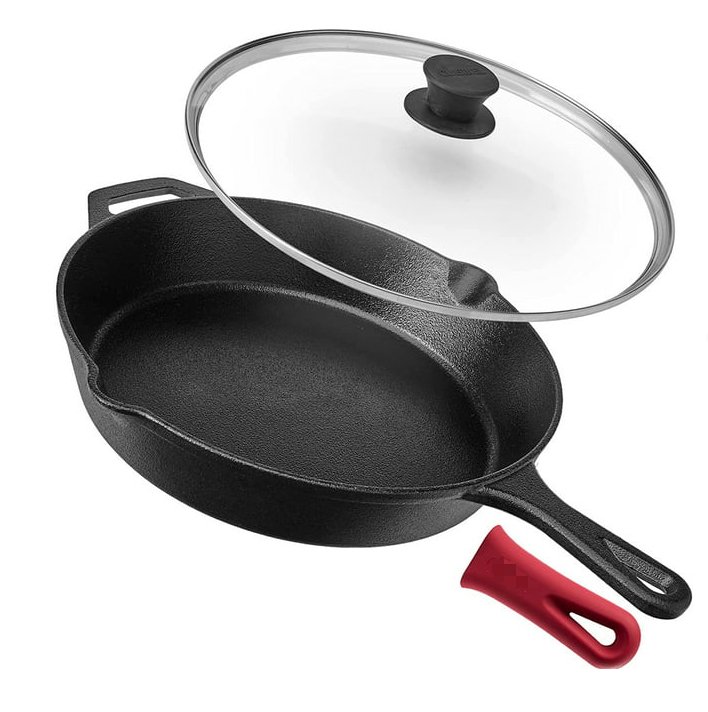 Cast Iron Skillet na 12-pulgada na may Salamin na Takip at Handle Cover Oven Safe Cookware Wok Fry Pan