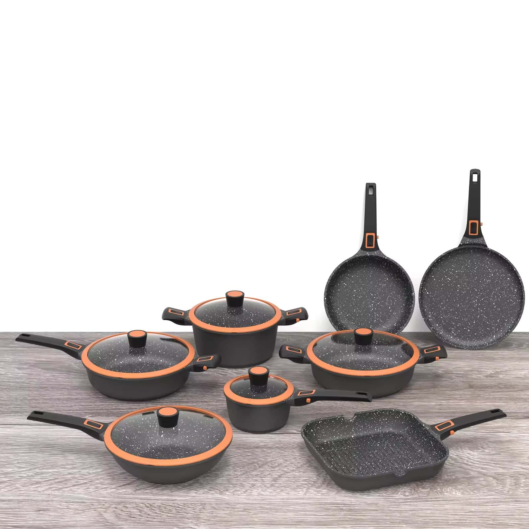 Escalation series Cast aluminum na may naaalis na handle kitchen mario die non stick casting die cookware set