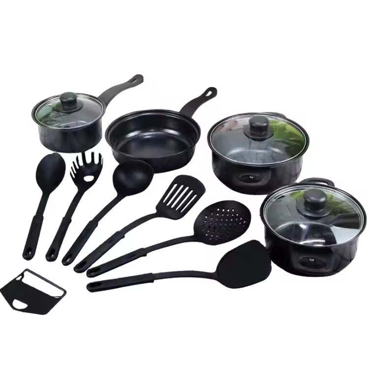 Ligtas sa makinang panghugas ng produkto cast iron labintatlo pice black nonstick fry pot soup pot sauce pan set