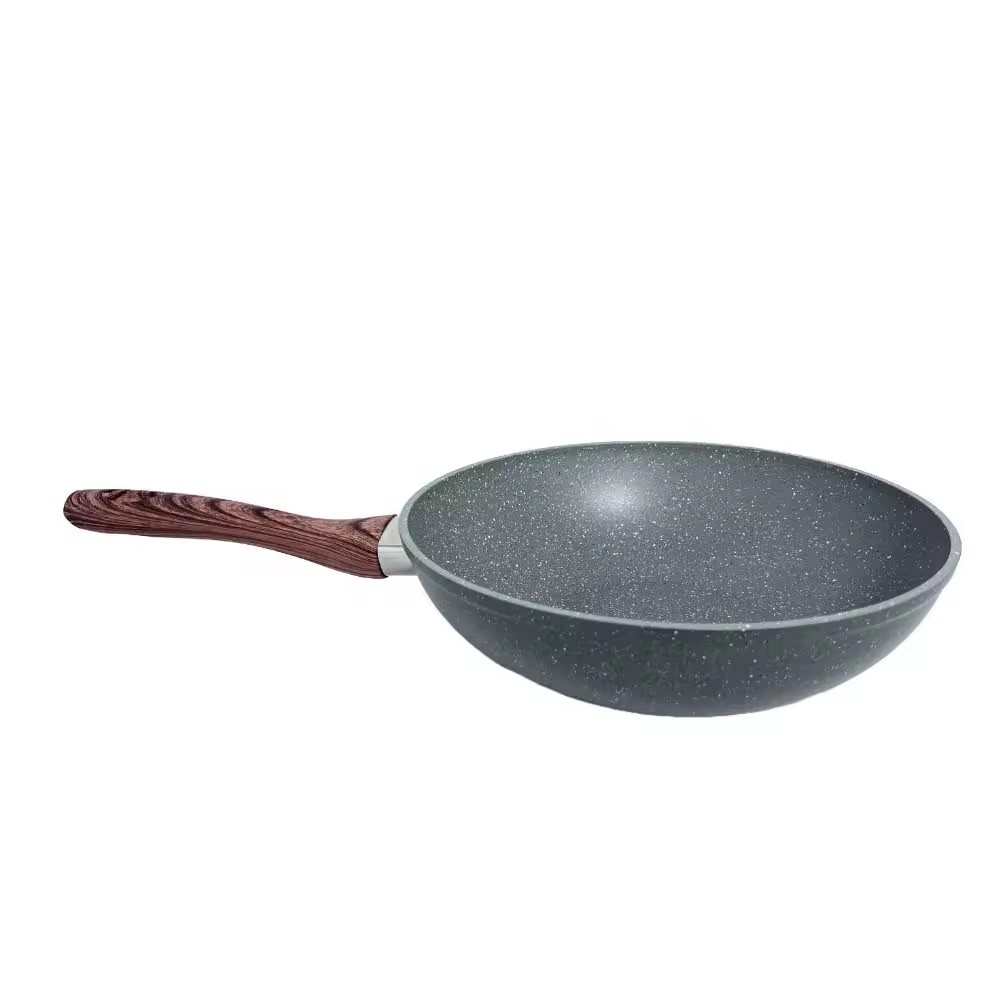 Marble Non Stick Wok Pan na may Glass Lid Induction Kusina na may Wood Soft Touch Handle Forged Aluminum Non Stick Wok Pan