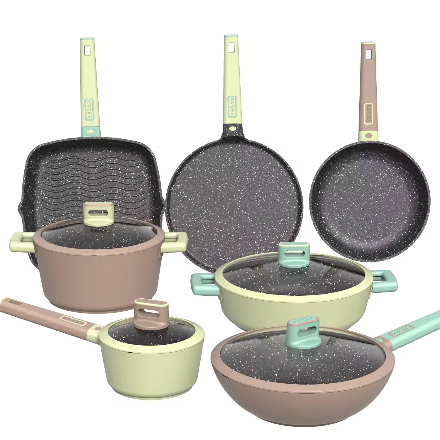Nature series cast aluminum cost cooking pot cookware sets glass Takip na may silicone rim
