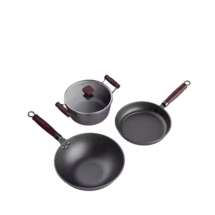Tatlong pirasong wok set na may multi-functional na wheat board stone household stockpot skillet Activity Gift pan non-stick pan